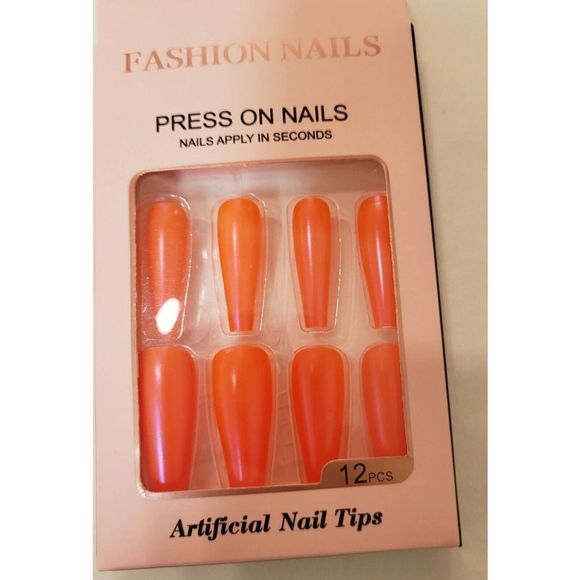 Press On Long Coffin Nails. Fashion Nail Tips.12 nails in set Shiny Orange. NIB. - Picture 2 of 5